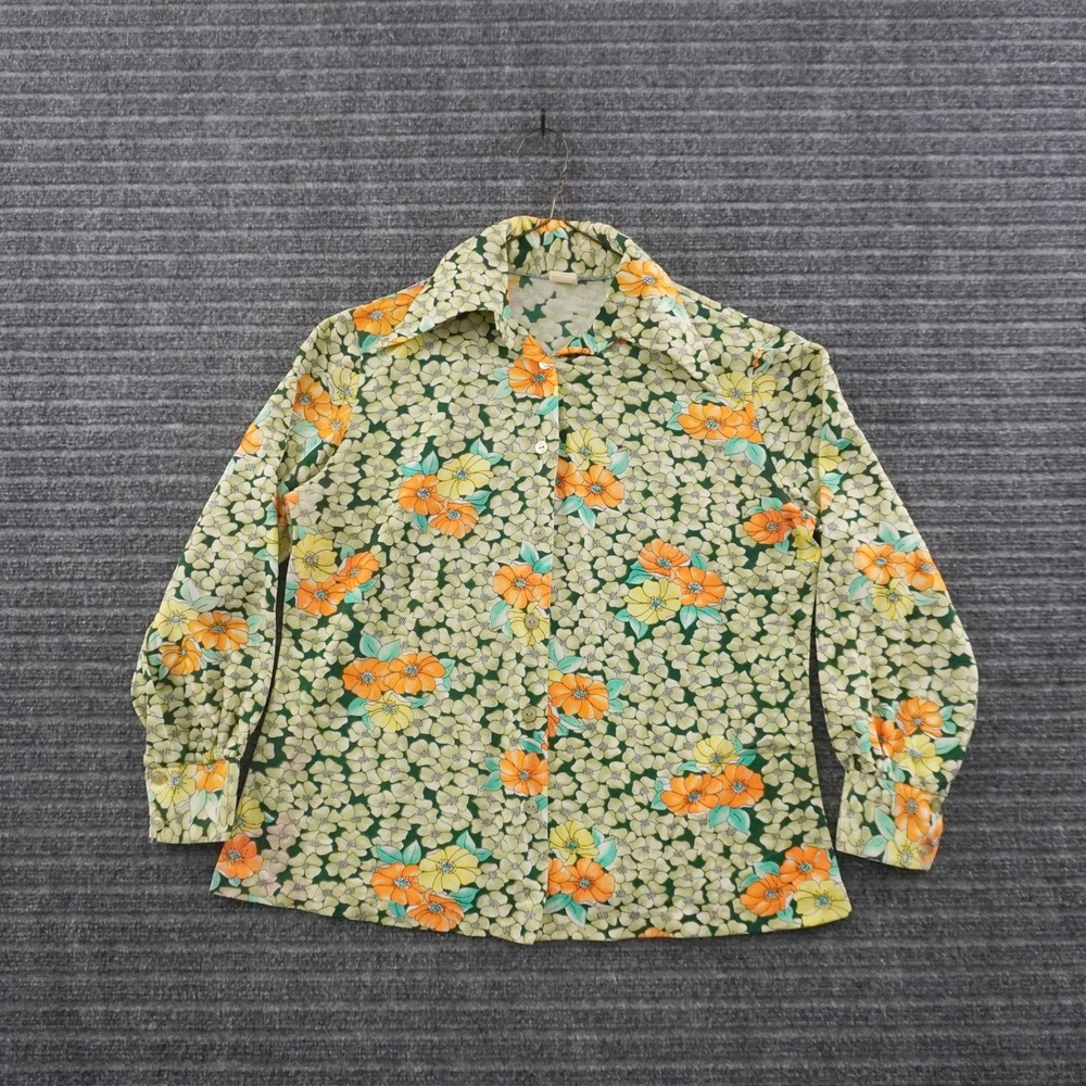 Vintage 70s Button Up Shirt Women Size 36 Green Floral Disco Dagger Collar